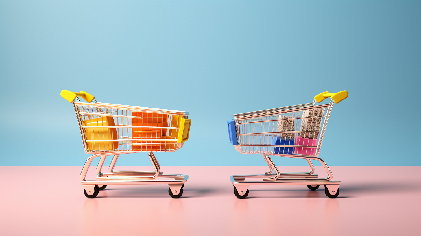 Image showcasing a split-screen comparison: on the left, a deserted shopping cart symbolizing low conversion rates, and on the right, a bustling shopping cart overflowing with purchases